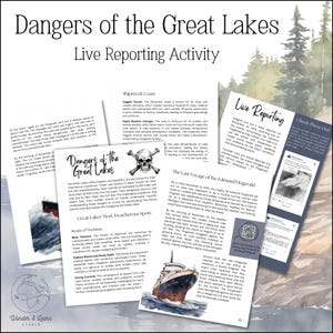 May include: A collage of images about the dangers of the Great Lakes. The images include a skull and crossbones, a ship on the water, and a map of the Great Lakes. The text on the images includes "Dangers of the Great Lakes", "Shipwreck Coast", "Great Lakes Most Treacherous Spots", "The Last Voyage of the Edmund Fitzgerald", and "Live Reporting".