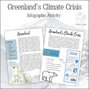 May include: An infographic about the climate crisis in Greenland. The infographic includes a map of Greenland, a polar bear, and text about the impact of climate change on the island. The infographic also includes a QR code that links to a guide about climate change in Greenland.