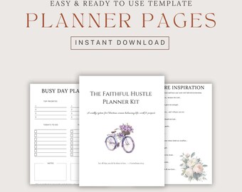 Pode incluir: Um kit de planeamento com o texto "PLANNER PAGES" e "INSTANT DOWNLOAD". O kit inclui páginas com o texto "BUSY DAY PLA" e "RE INSPIRATION". A capa do kit de planeamento apresenta uma ilustração de uma bicicleta com um cesto de flores.