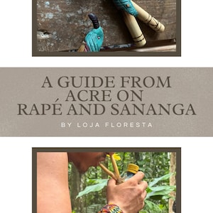 May include: A guide from Acre on Rapé and Sananga by Loja Floresta. Two traditional wooden blowpipes with a teal and brown design. A person is using a blowpipe to blow a substance into their mouth.