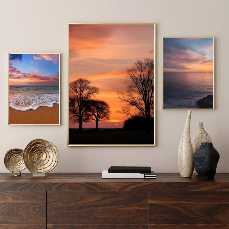Sunset Wall Art Set of 3 | Beach and Forest Sunset Prints | Ocean ...