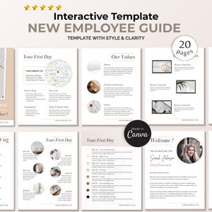 Könnte beinhalten: Eine beige und weiße interaktive Vorlage für einen neuen Mitarbeiter-Leitfaden mit dem Text "Interactive Template NEW EMPLOYEE GUIDE" und "Welcome Name Here!". Der Leitfaden enthält Abschnitte zu "Your First Day" und "Our Values". Die Vorlage wurde in Canva erstellt.