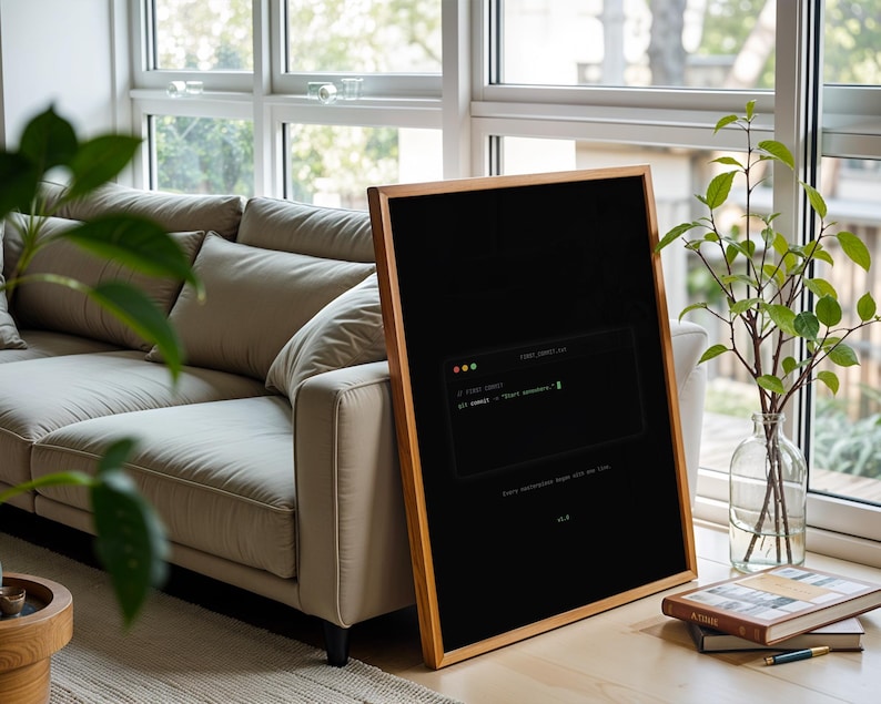 Puede incluir: Un p&oacute;ster vertical enmarcado con fondo negro y un gr&aacute;fico de ventana de terminal. El texto dentro de la ventana dice git commit -m "Start somewhere". Debajo de la ventana, el texto dice "Every masterpiece began with one line" y "v1.0".