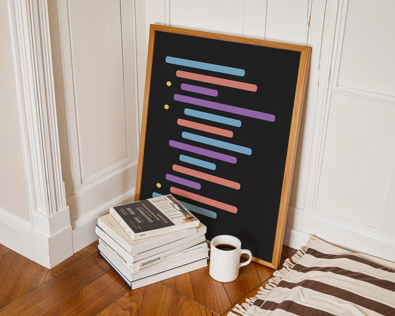 Peut inclure: Une affiche encadr&eacute;e noire avec des lignes horizontales color&eacute;es sur un fond noir. L'affiche est appuy&eacute;e contre une pile de livres et une tasse blanche sur un sol en bois.