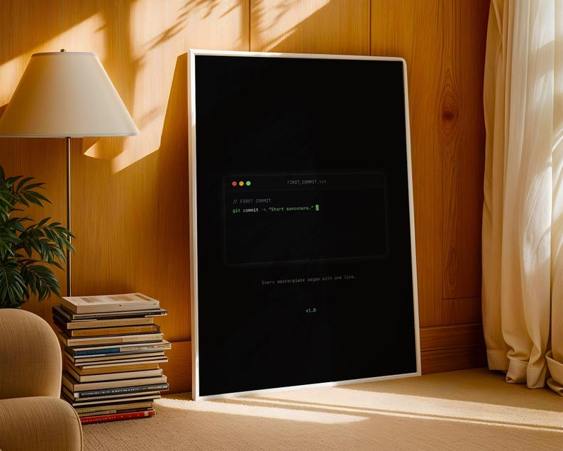 Puede incluir: Un cuadro rectangular con marco que presenta un fondo negro y un gr&aacute;fico de ventana de terminal centrado. El texto interior muestra "// FIRST COMMIT" y "git commit -m "Start somewhere."" en verde, con "Every masterpiece began with one line." escrito debajo.