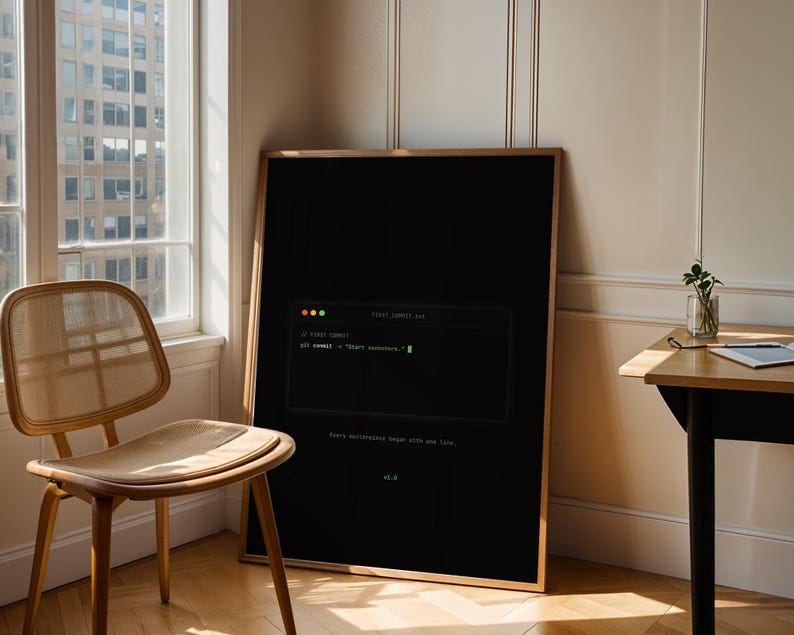 Puede incluir: Un gran cuadro rectangular enmarcado con fondo negro y un gr&aacute;fico de ventana de terminal digital. El texto dice // FIRST COMMIT, git commit -m "Start somewhere.", Every masterpiece began with one line, y v1.0 en color verde.