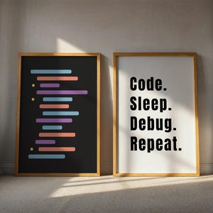 Peut inclure: Deux impressions encadr&eacute;es, l'une avec un fond noir et des lignes color&eacute;es, l'autre avec un fond blanc et le texte "Code. Sleep. Debug. Repeat."