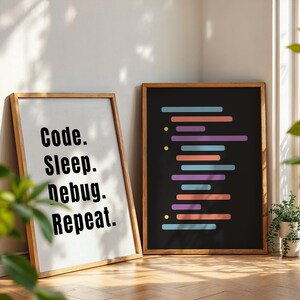 Peut inclure: Deux impressions encadr&eacute;es avec un fond noir et du texte blanc. L'impression de gauche dit "Code. Sleep. Debug. Repeat." L'impression de droite a une s&eacute;rie de lignes color&eacute;es qui ressemblent &agrave; du code.