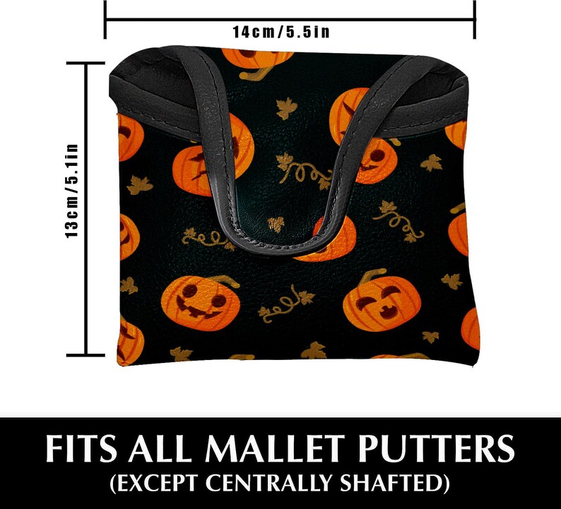 May include: Black mallet putter cover with a repeating pattern of orange jack-o'-lanterns and gold vines. The cover is 5.5 inches wide and 5.1 inches tall. Text at the bottom reads "FITS ALL MALLET PUTTERS (EXCEPT CENTRALLY SHAFTED)".