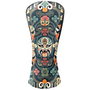 May include: A golf club head cover with a colorful, patterned design. The cover features a repeating pattern of stylized floral elements and traditional Asian opera masks in shades of blue, orange, and red. The cover is made of a durable material.