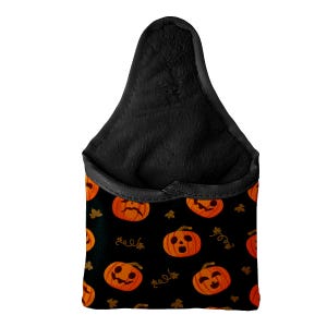 May include: Black Halloween-themed car seat organizer with a pumpkin pattern. The organizer features orange jack-o'-lanterns with various expressions on a black background. The top portion is black and plush.