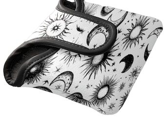 Pokrowiec na putter mallet: wodoodporna skóra poliuretanowa, podszyty polarem, prezent dla golfisty, słońca i księżyce