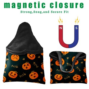 May include: Black Halloween-themed bag with orange jack-o'-lanterns and leaf patterns. The bag has a magnetic closure, as indicated by the text "magnetic closure" and a diagram of a magnet. The bag is shown open and closed.