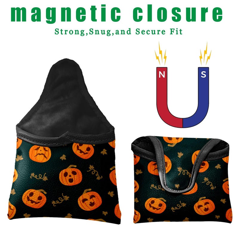 May include: Black Halloween-themed bag with orange jack-o'-lanterns and leaf patterns. The bag has a magnetic closure, as indicated by the text "magnetic closure" and a diagram of a magnet. The bag is shown open and closed.