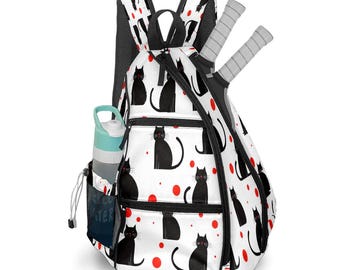 Mochila de Pickleball con diseño de gatos negros y puntos rojos: bolsa deportiva de nailon con correa tejida