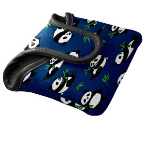 May include: A blue golf club head cover featuring a pattern of pandas with bamboo. The pandas are black and white, and the bamboo is green. The cover has a black leather trim.