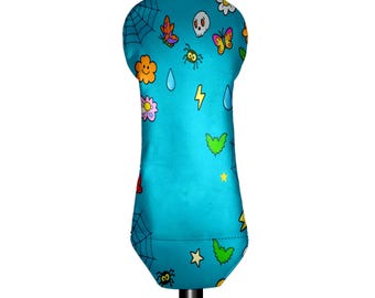 PU Leather Golf Club Cover, Driver Fairway Hybrid, Blue Cartoon Pattern