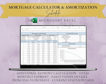 Mortgage Payment Calculator and Payoff Schedule - Microsoft Excel Template | Loan Amortization | Calculate with Additional Payments