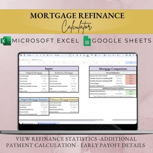 Może przedstawiać: Zrzut ekranu arkusza kalkulacyjnego kalkulatora refinansowania kredytu hipotecznego w Microsoft Excel i Google Sheets. Arkusz kalkulacyjny zawiera pola wprowadzania danych dla oryginalnego i refinansowanego kredytu hipotecznego, a także sekcję porównania kredytów hipotecznych i dodatkową analizę płatności.