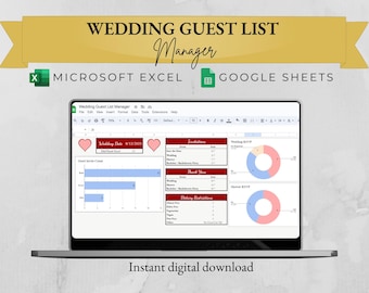 May include: A laptop screen displaying a spreadsheet with the title "Wedding Guest List Manager". The spreadsheet includes sections for guest list, RSVPs, and dietary restrictions. The spreadsheet is open in Microsoft Excel and Google Sheets. The text "Instant digital download" is displayed below the laptop.