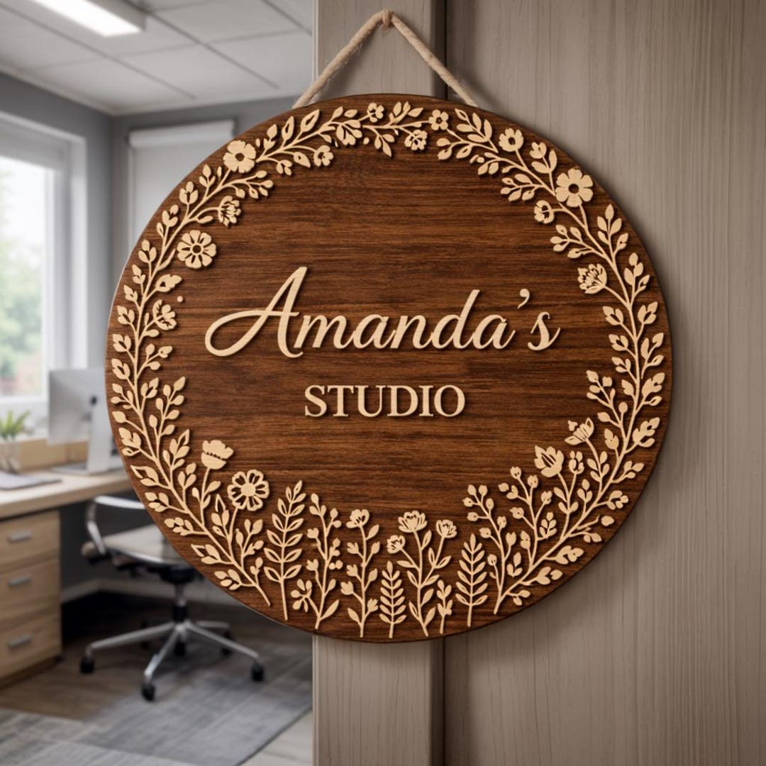 Personalized Wooden Studio Door Sign, Custom Name Round Wood Sign With ...