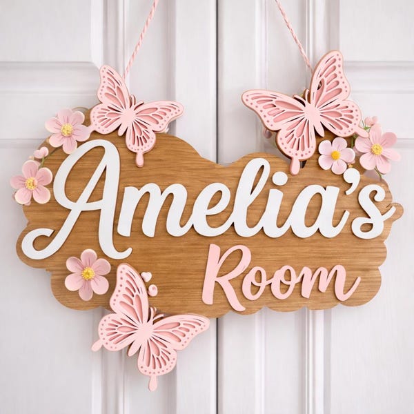 Personalized Girl Room Wooden Door Sign, Custom Nursery Name Sign with Butterflies & Flowers, Baby Girl Bedroom Decor