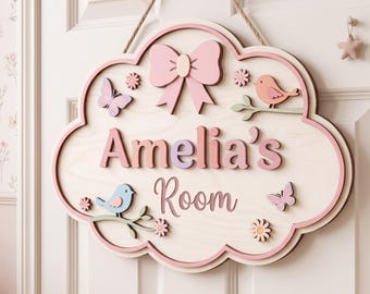 Personalized Kids Room Sign, Custom Name Door Sign, Girls Bedroom Decor, Wooden Nursery Sign, Bow Butterfly Floral Door Hanger