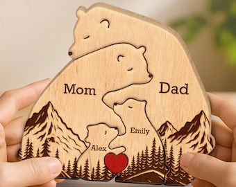 Hugging Bear Family Tree Puzzle, Personalized Wooden Bear Family Puzzle, Custom Birthday Gift, Wooden Animal Carvings, Family Home Decor