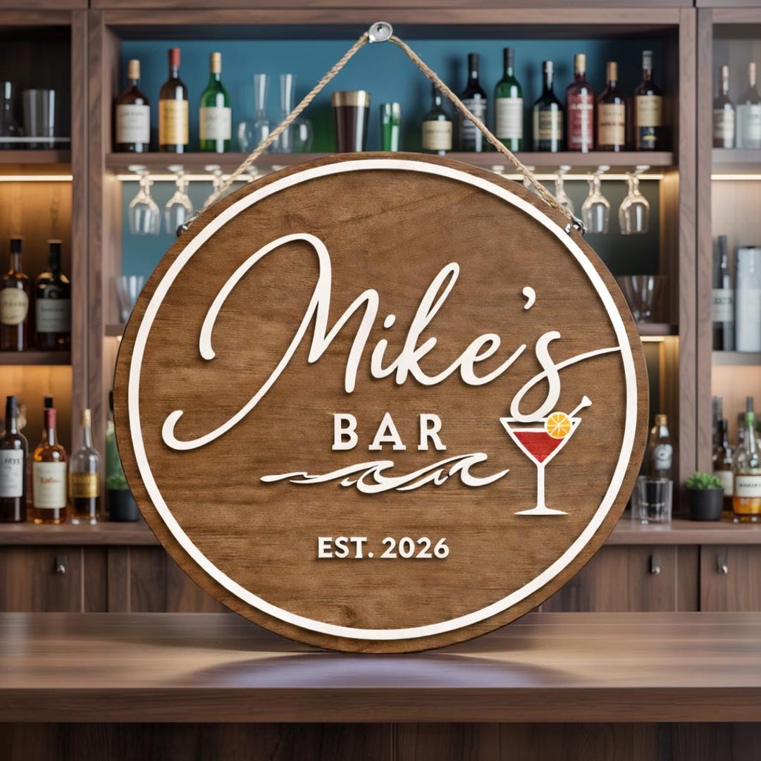 Personalized Wooden Bar Sign, Custom Round Wood Sign, Home Bar Decor ...