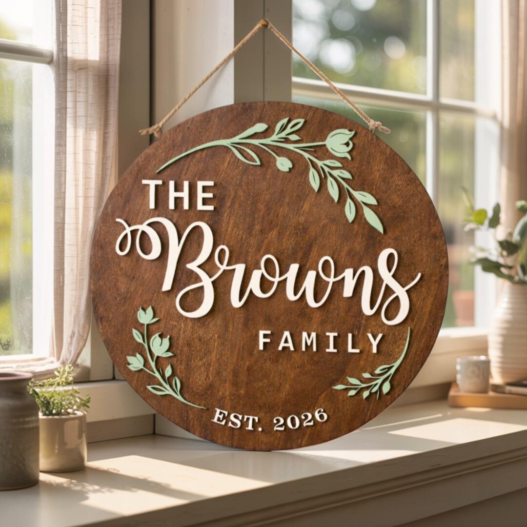 Personalized Family Name Wooden Sign, Round Front Door Sign, Custom ...