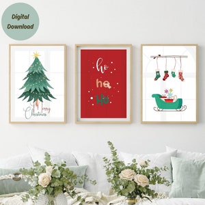 Christmas Print Set of 3, Red Christmas Printable Wall Art, Xmas Home Decor, Trendy Poster, Christmas Digital Download, Holiday Prints
