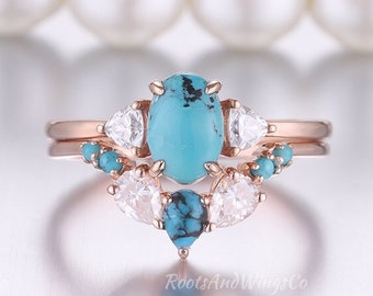 Turquoise Engagement Ring Set Oval Cut Turquoise Ring Unique Pear Turquoise Wedding Band Rose Gold Promise Bridal Set Anniversary Gift