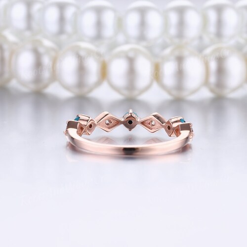 Unique Round Cut Turquoise Moissanite Wedding Band Half Eternity Rose shops Gold Bridal Band Trendy Straight Wedding Ring Handmade Jewelry