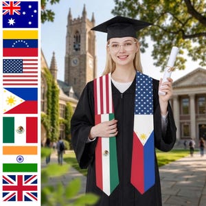 May include: A graduate in a black cap and gown, wearing a sash with the American and Philippine flags. The graduate is holding a rolled diploma. Flags of various countries are displayed on the left side of the image.