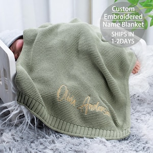 Embroidered Name Baby Blanket: Soft Knit Cotton Stroller Blanket