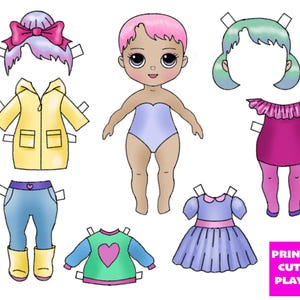 Op de afbeelding: Een papieren pop met diverse outfits en kapsels. De pop heeft roze haar en draagt een lichtblauwe turnpakje. Outfits zijn onder meer een gele regenjas, een blauwe spijkerbroek, een groen shirt met een roze hart en een paarse jurk. De afbeelding bevat ook de tekst "PRINT CUT PLAY".