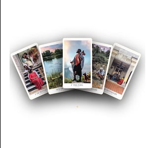 May include: A fan of five tarot cards featuring diverse illustrations. The center card is titled The Fool, showing a person with a dog. Other cards include Ace of Pentacles, 7 of Pentacles, and 8 of Pentacles, displaying scenes of people in various settings like stairs, water, and stone paths.
