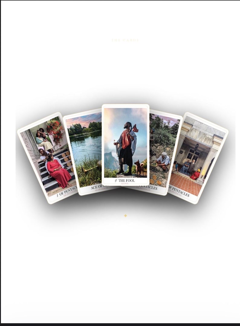 May include: A fan of five tarot cards featuring diverse illustrations. The center card is titled The Fool, showing a person with a dog. Other cards include Ace of Pentacles, 7 of Pentacles, and 8 of Pentacles, displaying scenes of people in various settings like stairs, water, and stone paths.