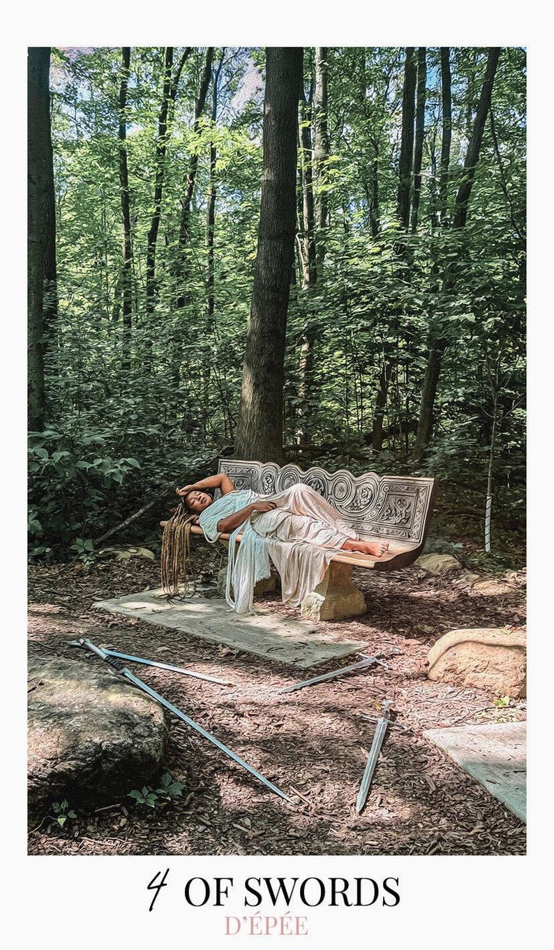 May include: A person with long dreadlocks lies on a carved stone bench, wearing a light blue and white draped garment. Three silver swords are positioned on the ground in front of the bench. The text 4 OF SWORDS D'&Eacute;P&Eacute;E is at the bottom.