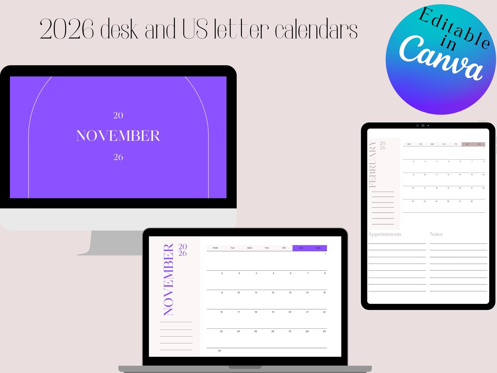 Minimalist 2026 Desk & US Letter Calendar Editable, Printable Digital
