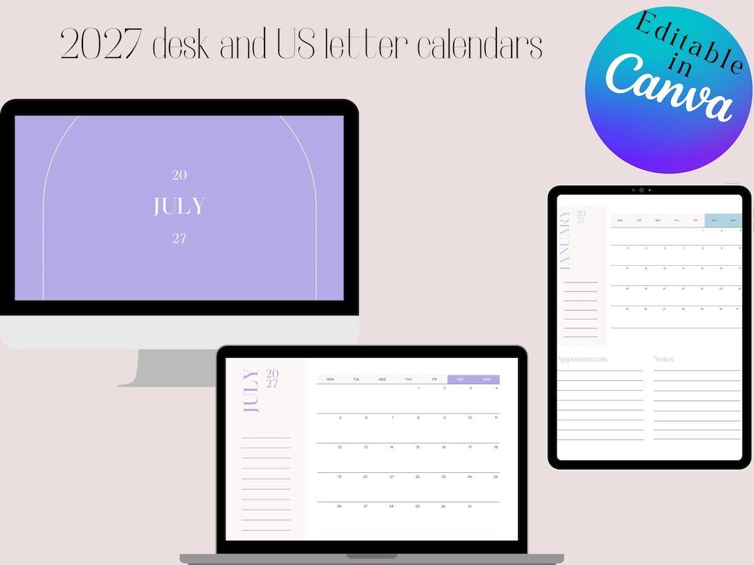2027 Minimalist Printable Desk Calendar | Digital Download A3 & A4