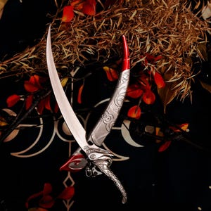 Puede incluir: Una daga decorativa con una hoja plateada curva y un mango plateado adornado. El mango presenta diseños intrincados y un acento rojo en la base. La daga se encuentra sobre un fondo oscuro con acentos florales y de hojas.