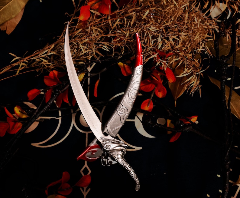 May include: A decorative dagger with a curved, silver blade and ornate silver handle. The handle features intricate designs and a red accent at the base. The dagger is set against a dark background with floral and leaf accents.