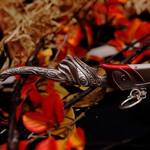 May include: A decorative dagger with an ornate silver handle and a silver blade with red accents. The dagger features intricate detailing and a ring at the base of the handle. The background includes fall foliage with red and orange leaves.