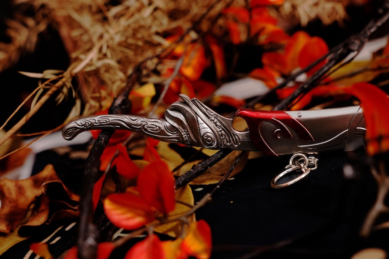 May include: A decorative dagger with an ornate silver handle and a silver blade with red accents. The dagger features intricate detailing and a ring at the base of the handle. The background includes fall foliage with red and orange leaves.