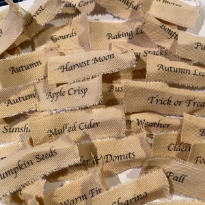 May include: A collection of fabric scraps with handwritten words related to autumn, including "Harvest Moon", "Apple Crisp", "Mulled Cider", "Pumpkin Seeds", "Warm Fire", and "Trick or Treat".