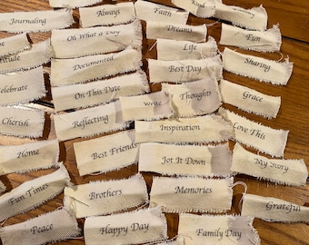 50 (Journaling Prompts) Fabric Words, Phrases, Labels, Journal Ephemera, Card Making, Scrapbooking.