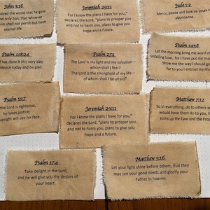 12 (Bible Verse Theme) Fabric Words, Phrases - Distressed Journal Ephemera, Card Making, ready to cut and fringe and add to your creations.