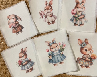 6 Adorable Bunny Images printed on cotton Twill fabric, are ready to add to your creations.