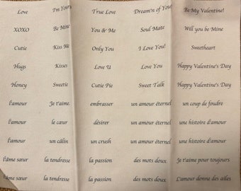 50 (Love - Valentine - French) Fabric Words, Phrases, Labels, Journal Ephemera, Card Making, Scrapbooking.